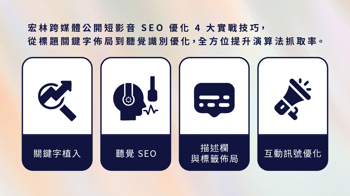 宏林跨媒體公開短影音 SEO 優化 4 大實戰技巧，從標題關鍵字佈局到聽覺識別優化，全方位提升演算法抓取率。