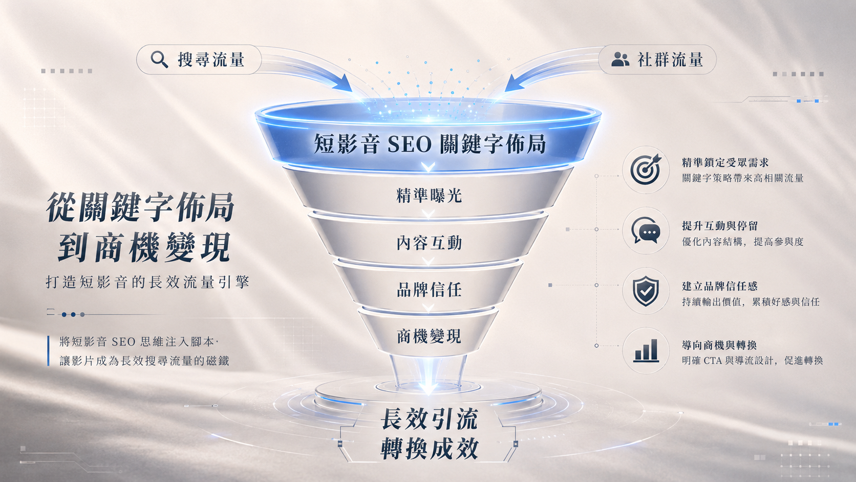 拒絕盲目跟風！宏林跨媒體將「短影音 SEO」思維注入腳本，讓您的影片在各大社群平台上成為長效獲取搜尋流量的磁鐵。