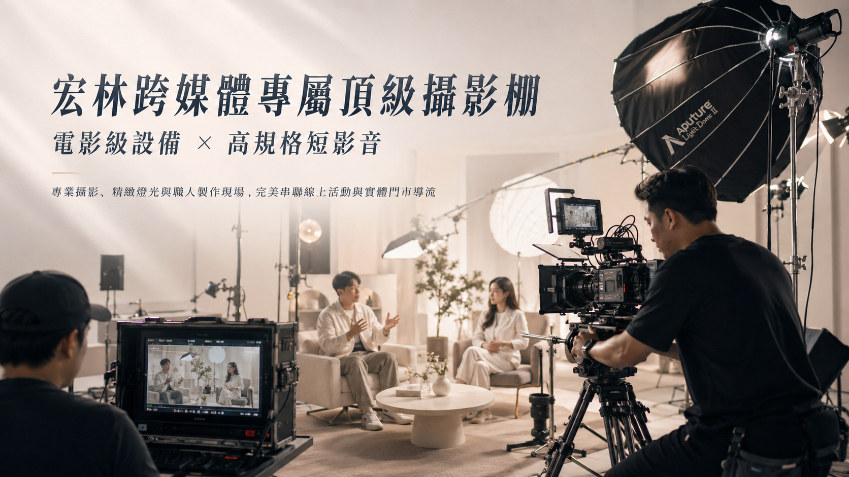 宏林跨媒體配備專屬頂級攝影棚與電影級影視製作設備，拒絕工讀生畫面，用高規格短影音完美串聯線上活動與實體門市導流。