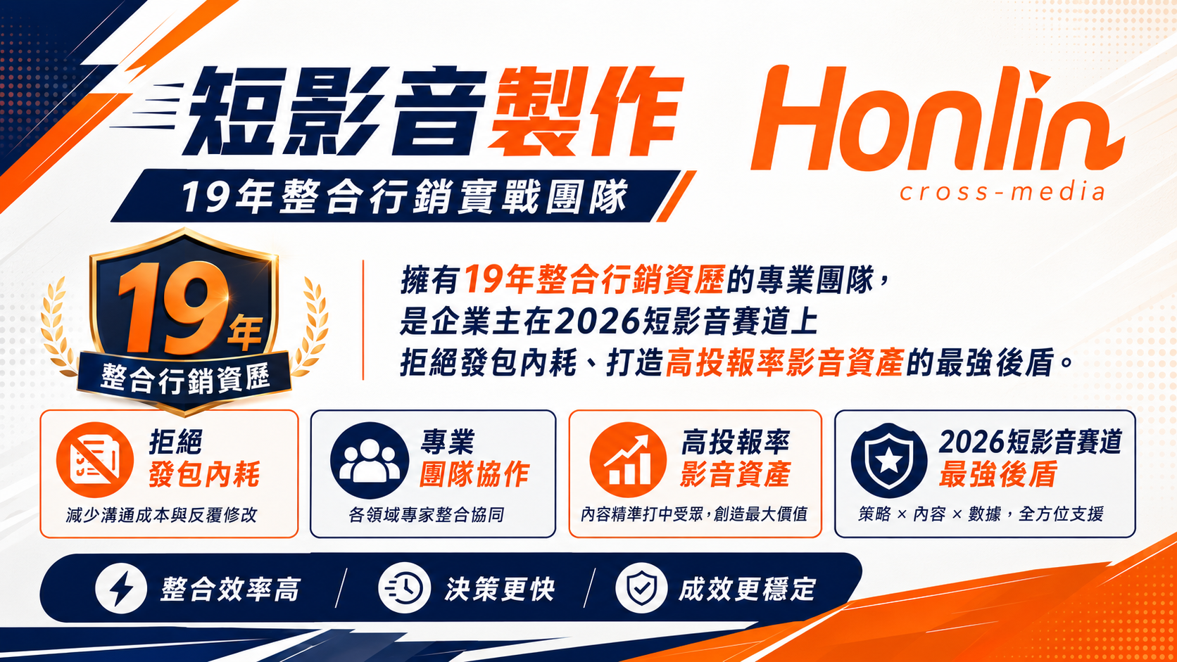 擁有 19 年整合行銷資歷的專業團隊,是企業主在 2026 短影音賽道上拒絕發包內耗、打造高投報率影音資產的最強後盾。
