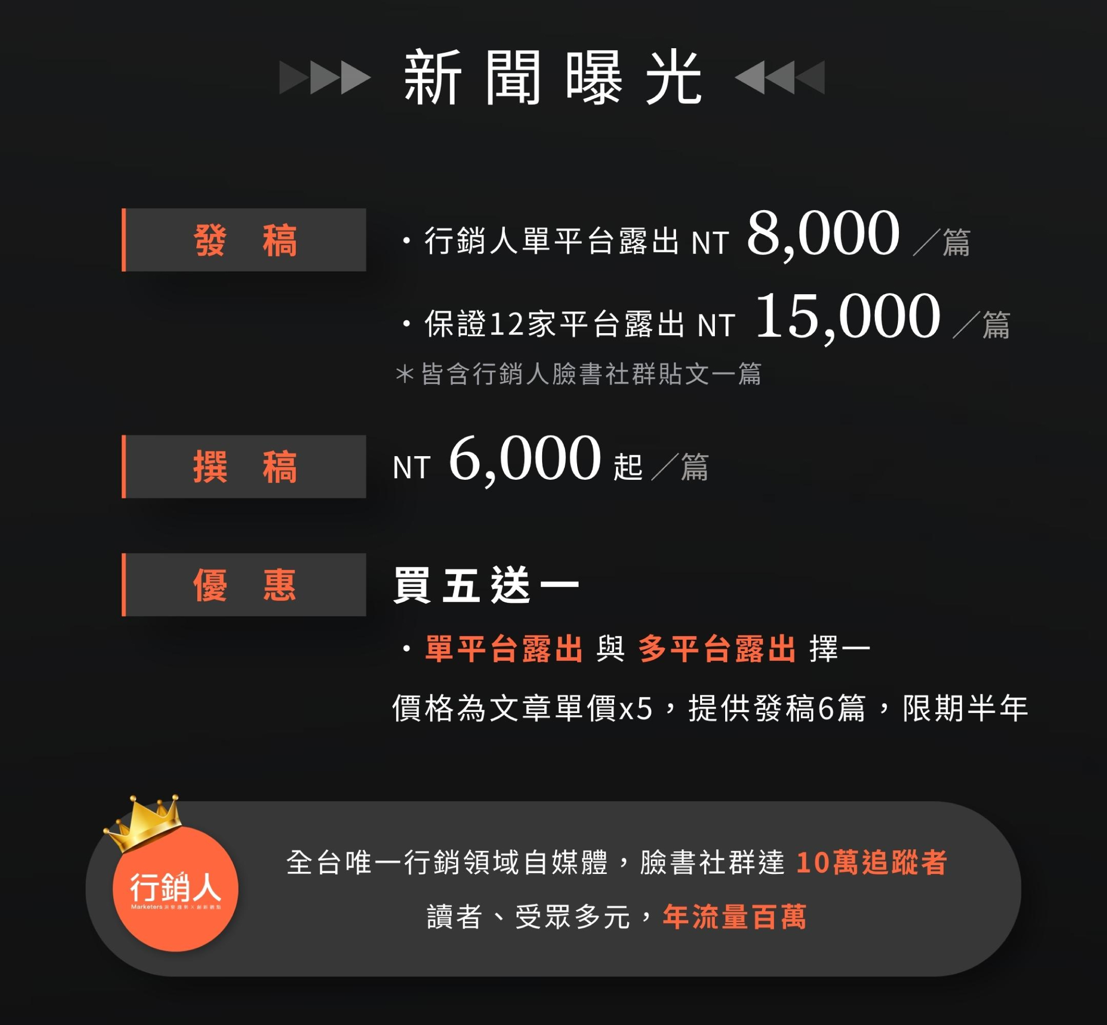 宏林跨媒體新聞發稿與撰稿優惠買五送一：行銷人自媒體平台與多媒體露出